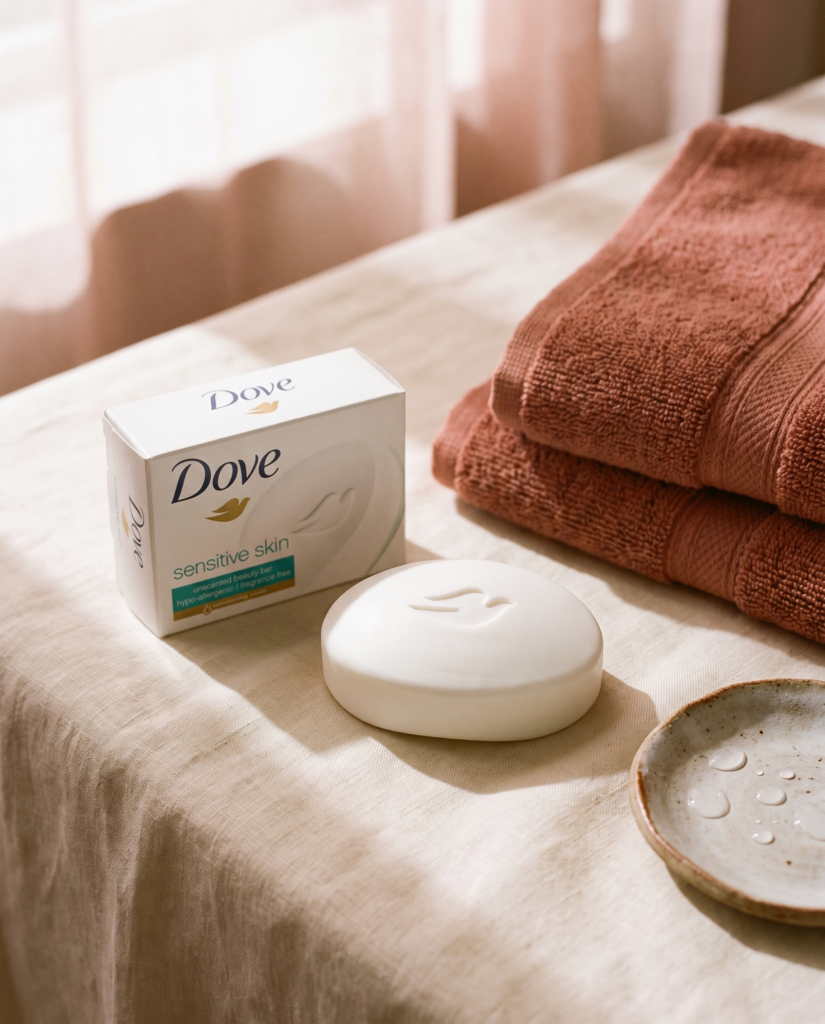 Unscented Dove Sensitive Skin bar soap on a linen surface, the product that helped with perimenopause hair shedding