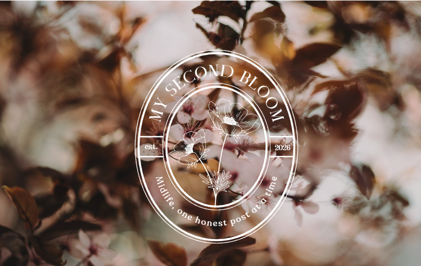 Close-up of blush pink flowers with the Second Bloom logo, representing Royce's midlife and perimenopause blog