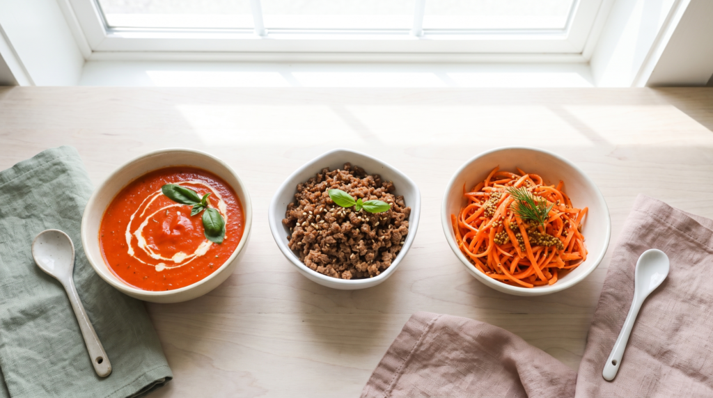 Three meal-prep bases in white bowls: roasted tomato sauce, ground beef soboro, and carrot rapé